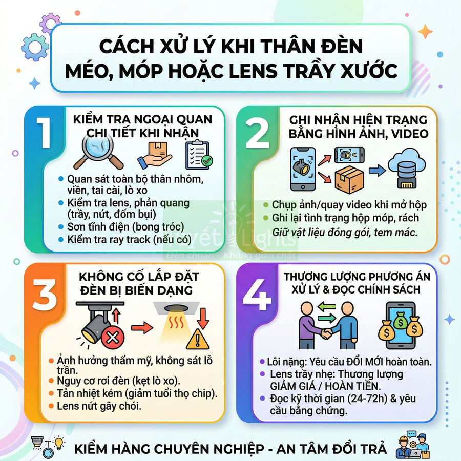 Hướng dẫn xử lý khi thân đèn led méo móp hoặc lens trầy xước, kiểm tra ngoại quan và chính sách đổi trả